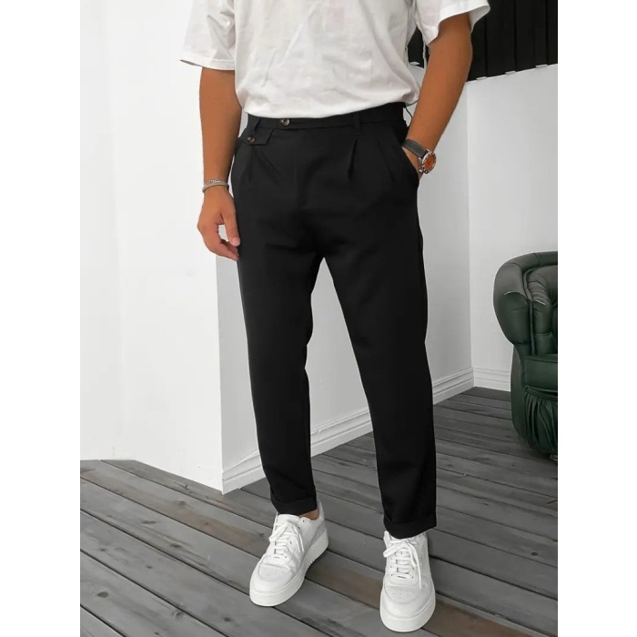 Erkek Belden Düğmeli Cepli Dokuma Pantolon