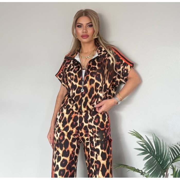 Kadın Dalgıç Kumaş Dijital Leopar Baskılı şerit Detaylı Takım