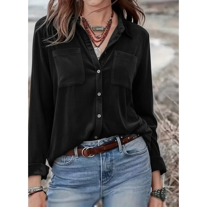 Kadın Uzun Kollu Yakalı önden Düğmeli Cep Detaylı Kadife Gömlek