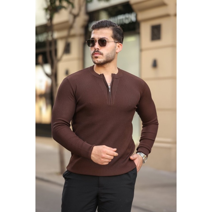 Erkek Fermuarlı Bisiklet Yaka Dokulu Uzun Kollu Triko