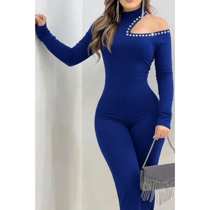 Kadın Tek Omuzdan Açık Balıkçı Yaka Taş Detaylı Uzun Ithal Krep Tulum