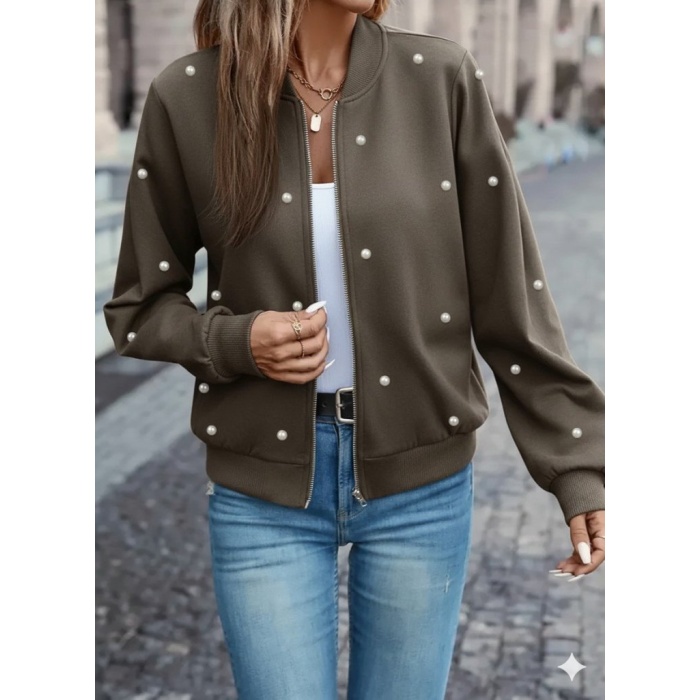 Kadın Uzun Kollu önden Fermuarlı Incili Kısa Modal Ceket