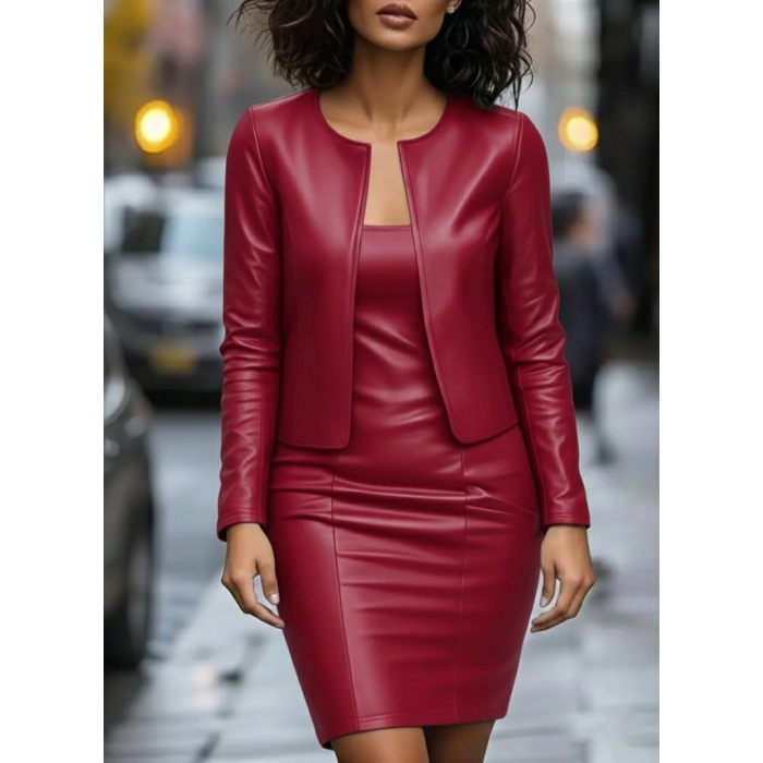 Kadın Uzun Kollu önü Açık Deri Ceket Ve Askılı Yuvarlak Yakalı Mini Elbise Ikili Takım