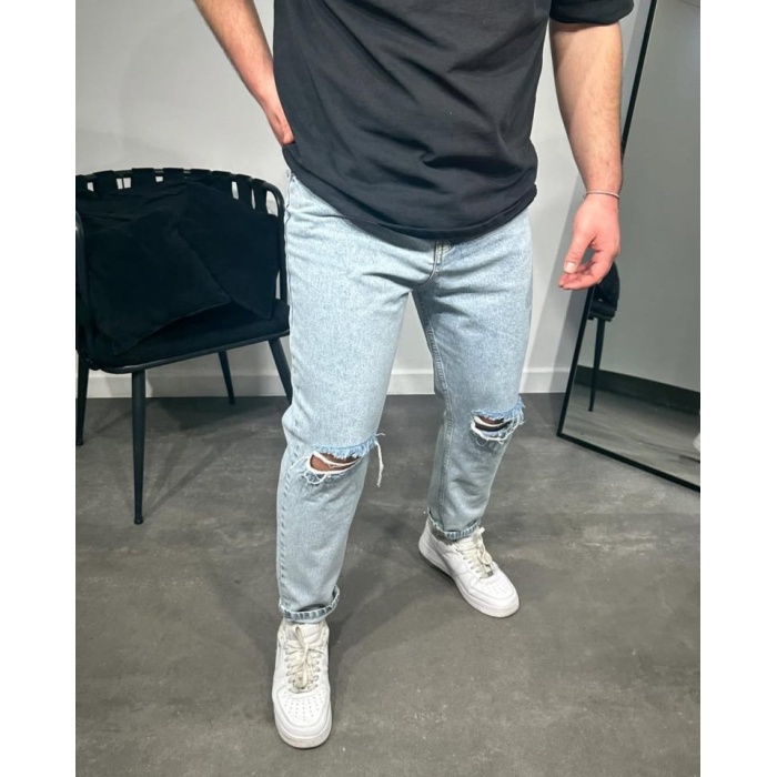 Erkek Buz Mavi Yırtık Detaylı Boyfriend Kalıp Jeans
