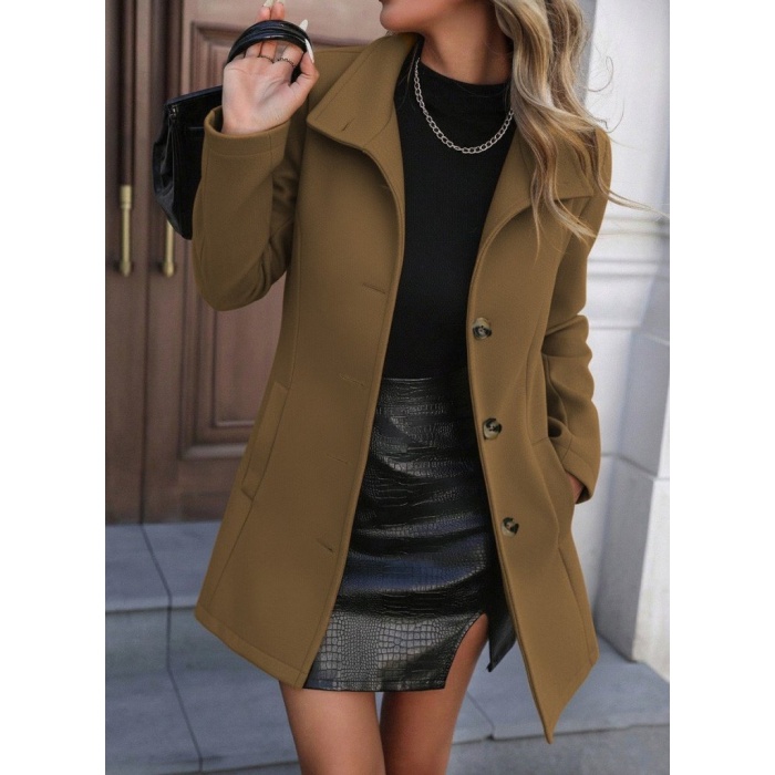 Kadın Uzun Kollu Yakalı önden Düğmeli Astarsız Ithal Kaşe Kahve Kaban