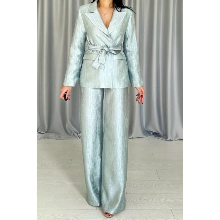 Mint Beli Kuşaklı Ceket Ve Pantolon Parlak Takım