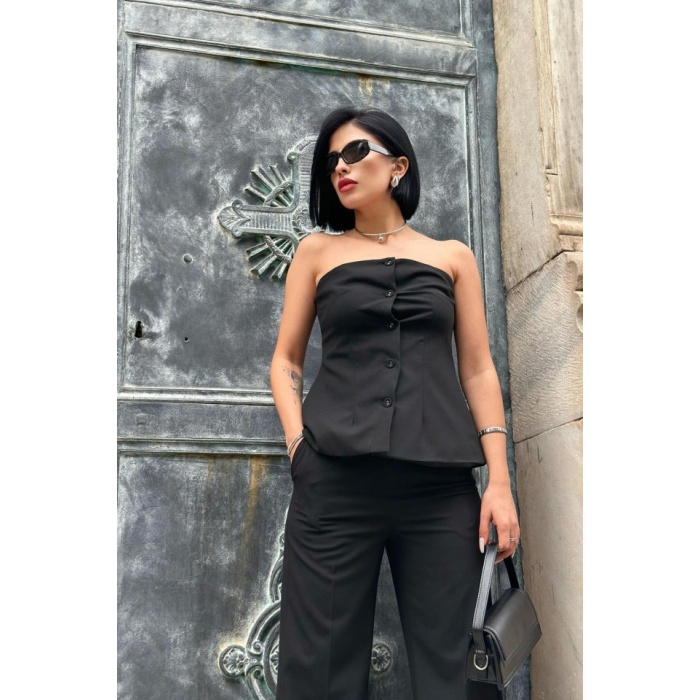 Siyah Straplez Düğmeli Crop Ve Pantolon Takım