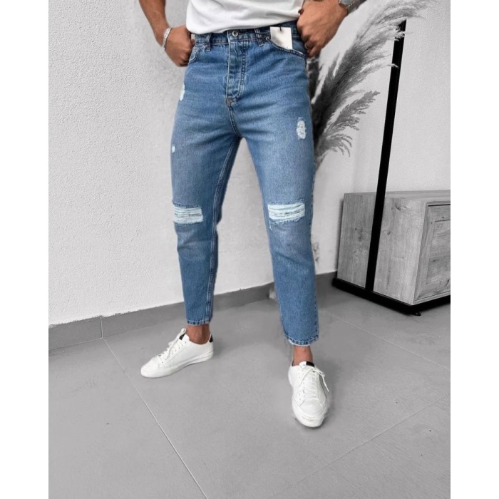Erkek Mavi Yırtık Detaylı Mom Jean