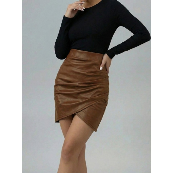 Kadın Yüksek Bel Yandan Fermuarlı Pileli Mini Deri Etek