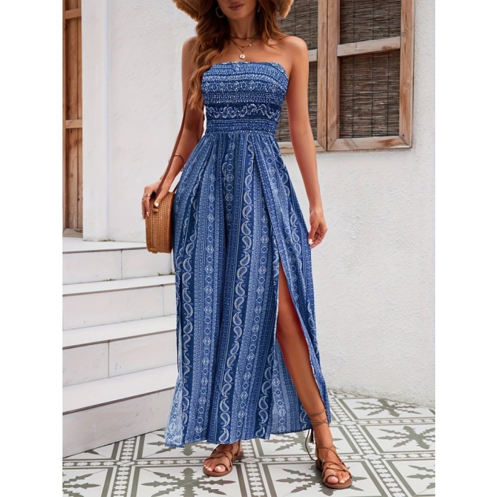 Kadın Yakası Gipe Detaylı önden Yırtmaç Detaylı Desenli Süprem Pantolunetek Tulum