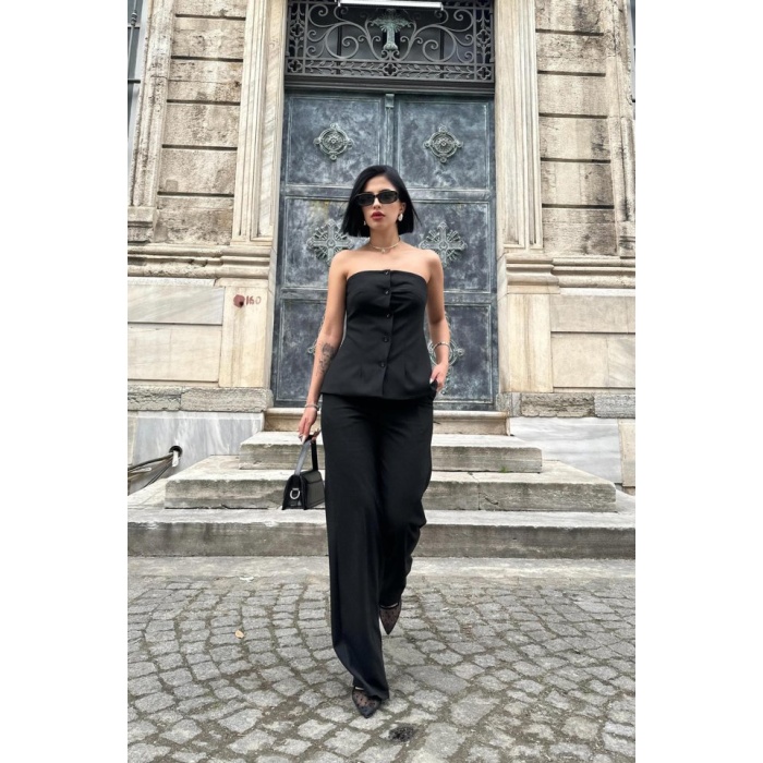 Siyah Straplez Düğmeli Crop Ve Pantolon Takım