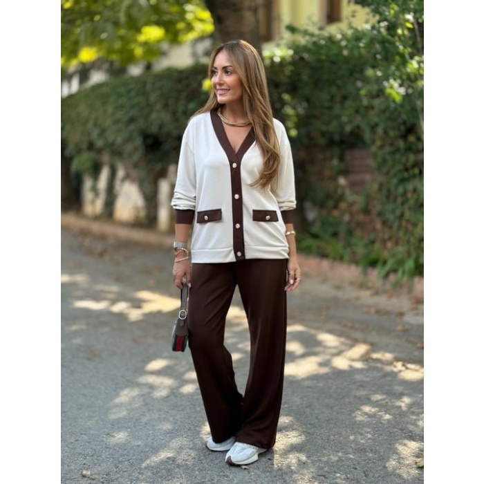 Kadın Uzun Kollu Ribanali Cep Detay Hırka Ve Bol Paça Pantolon Ikili Takım