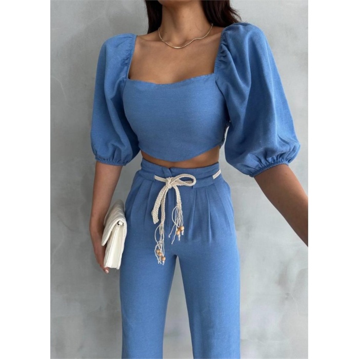 KETEN CROP KARPUZ KOL BLUZ-PANTOLON HASIR KEMERLİ - Mavi