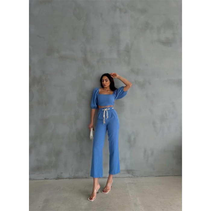 KETEN CROP KARPUZ KOL BLUZ-PANTOLON HASIR KEMERLİ - Mavi