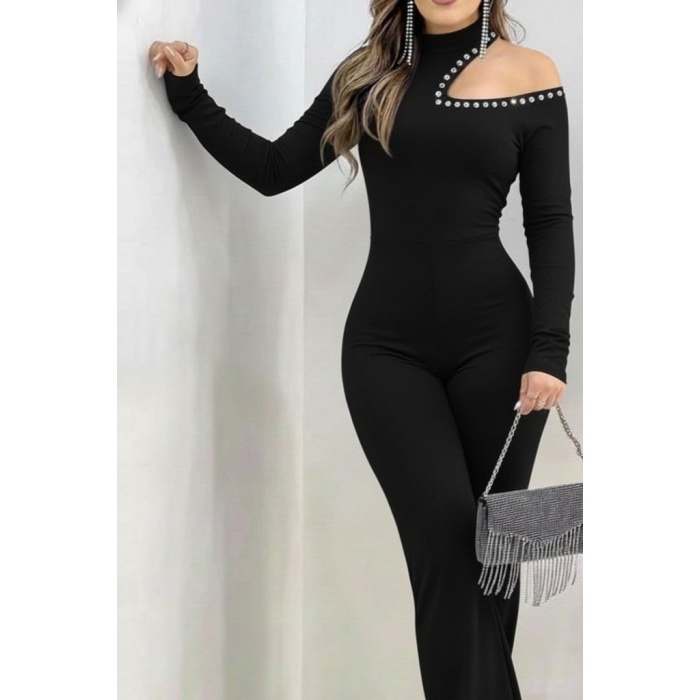 Kadın Tek Omuzdan Açık Balıkçı Yaka Taş Detaylı Uzun Ithal Krep Tulum