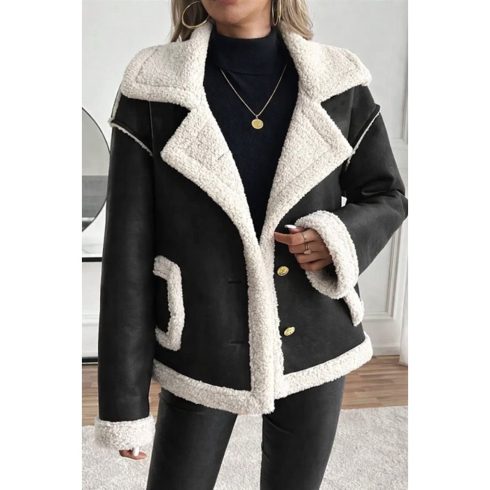 Kadın Uzun Kollu Yakalı önden Düğmeli Cep Detaylı Süet Ceket