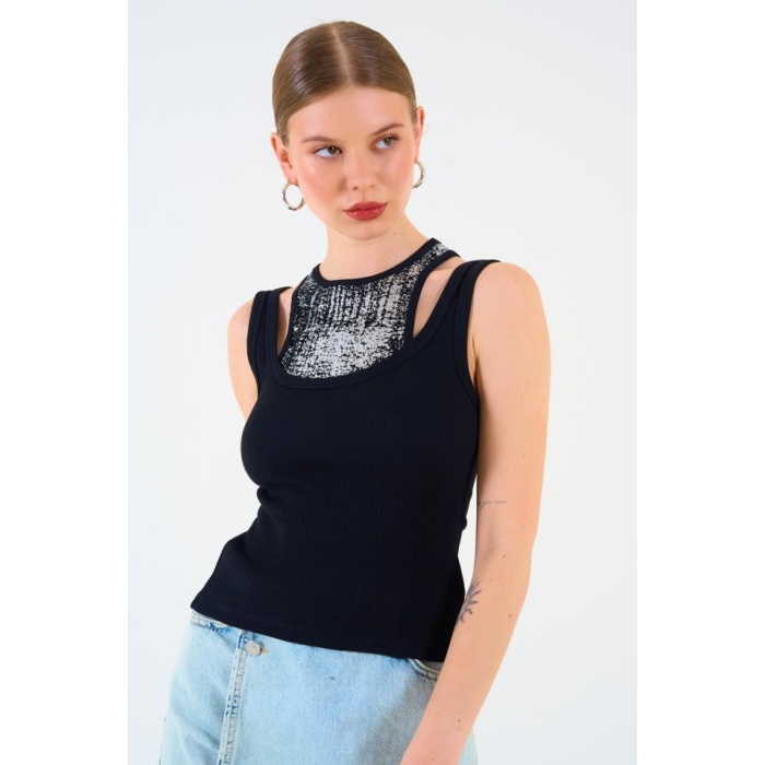 İçi Baskılı Halter Yaka Kaşkorse Atlet - Siyah