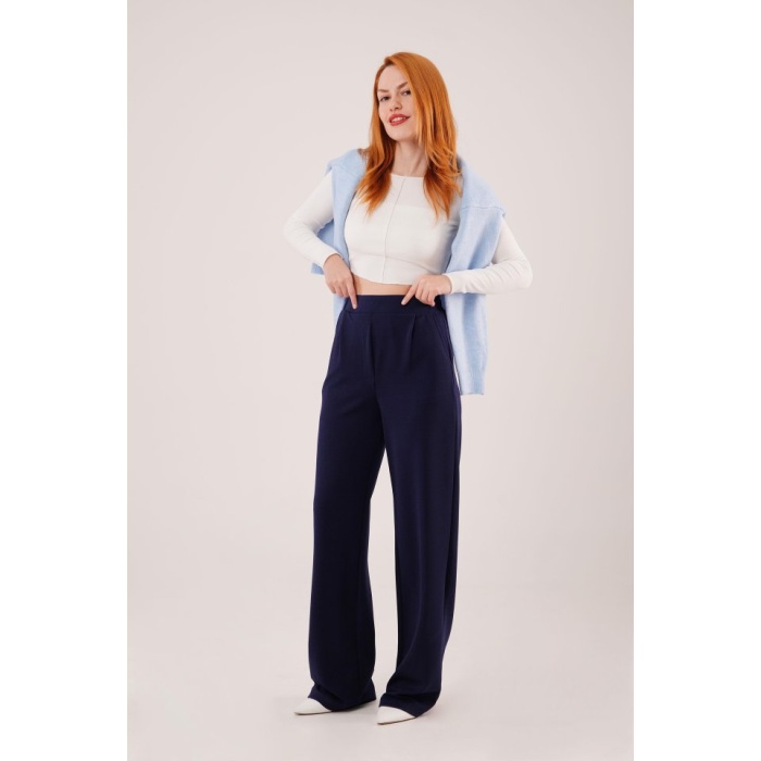 Yüksek Bel Bol Paça Krep Lacivert Pantolon