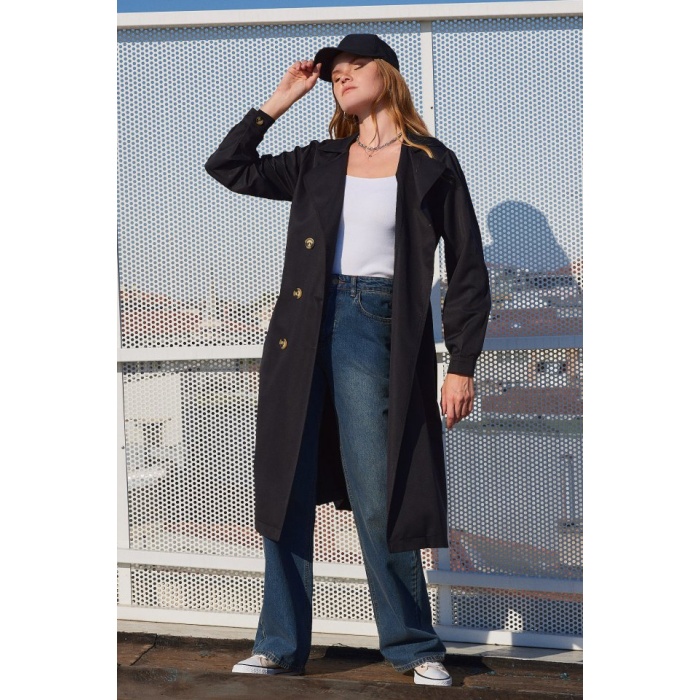 5853 Kruvaze Yaka Trençkot - Siyah