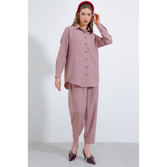 Gül Kurusu Oversize Keten Alt Üst Takım 6622