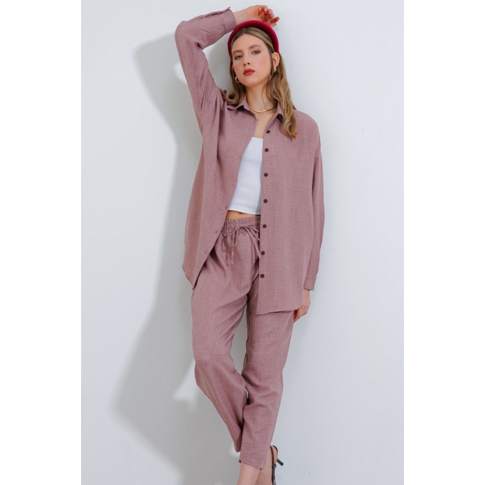 Gül Kurusu Oversize Keten Alt Üst Takım 6622