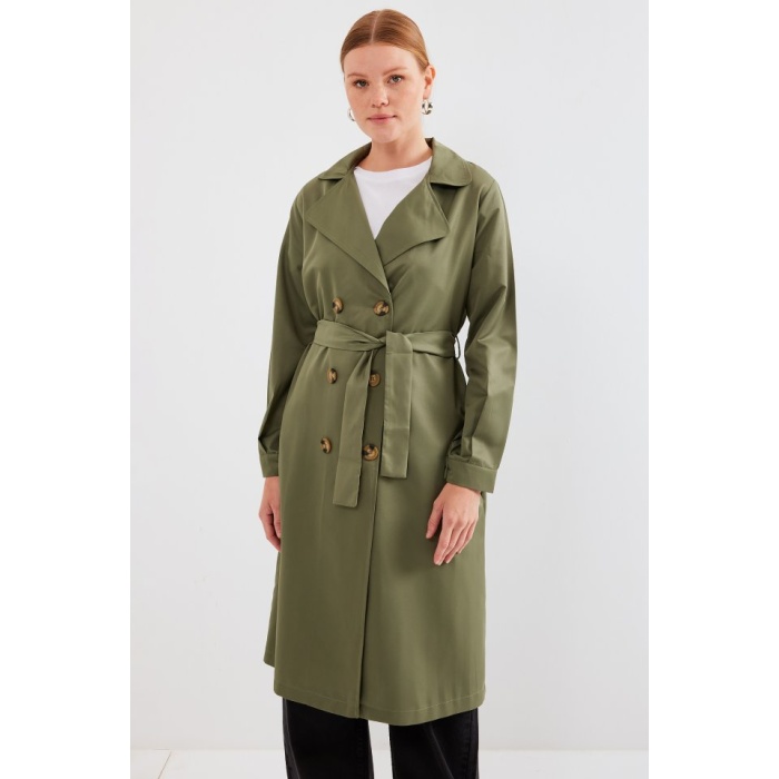 5853 Kruvaze Yaka Trençkot - Haki