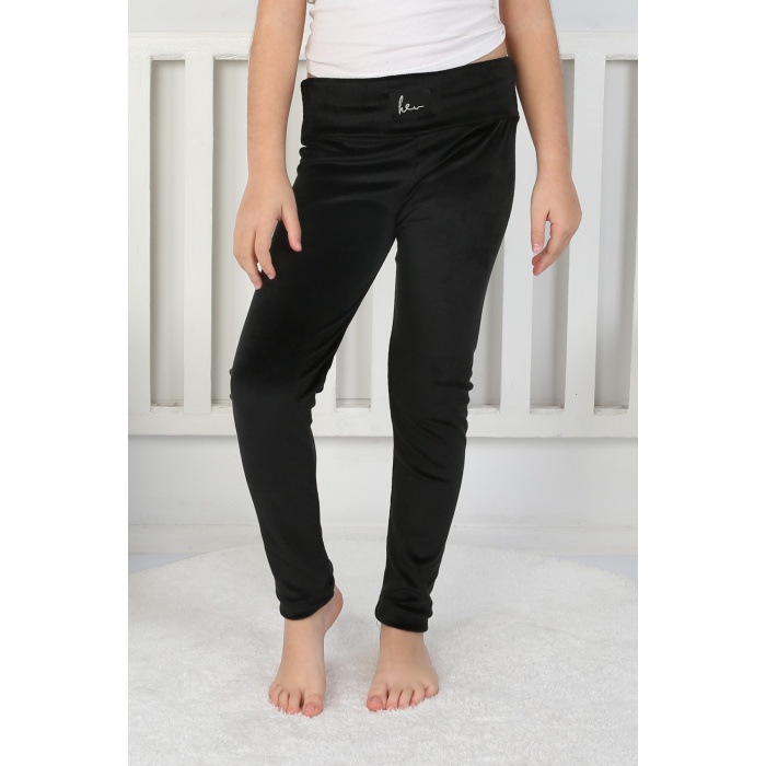 Likralı Kadife Kumaş Arma Detaylı Kız Çocuk Günlük Tayt