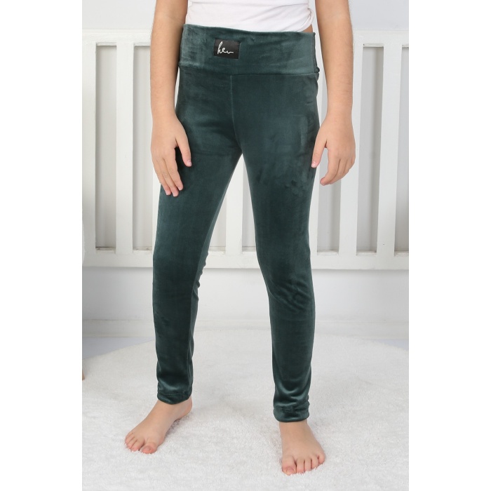 Likralı Kadife Kumaş Arma Detaylı Kız Çocuk Günlük Tayt