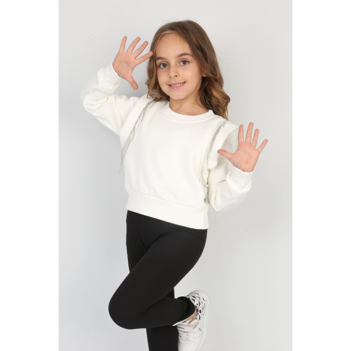 Üç İplik Şardonlu Omuz Detaylı Kız Çocuk Günlük Crop Sweatshirt