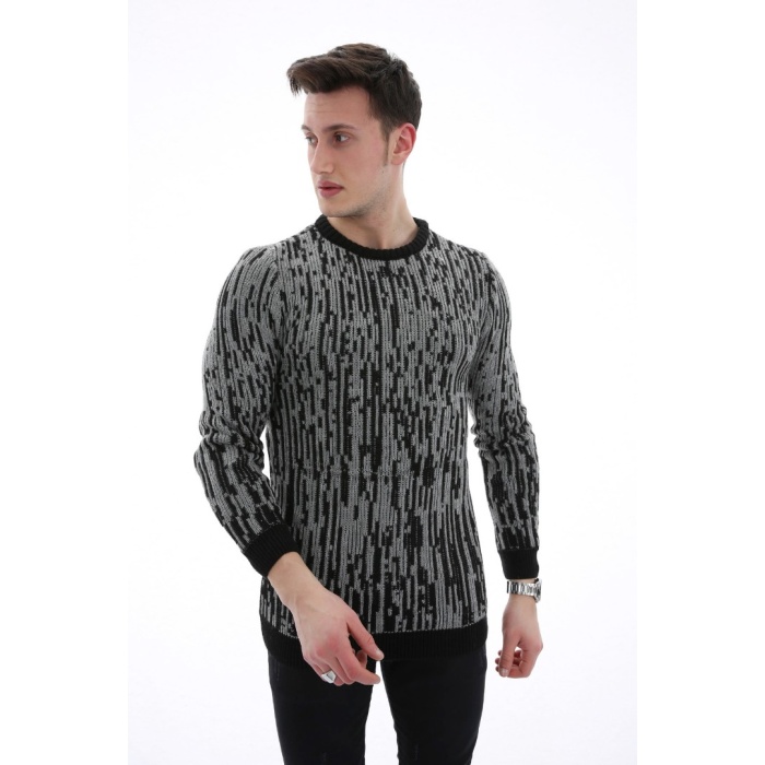 Çizgi Desenli Kalın Kışlık Erkek Günlük Triko Kazak