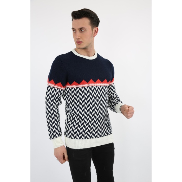 Erkek Üçgen Desenli Kalın Kışlık Günlük Triko Kazak