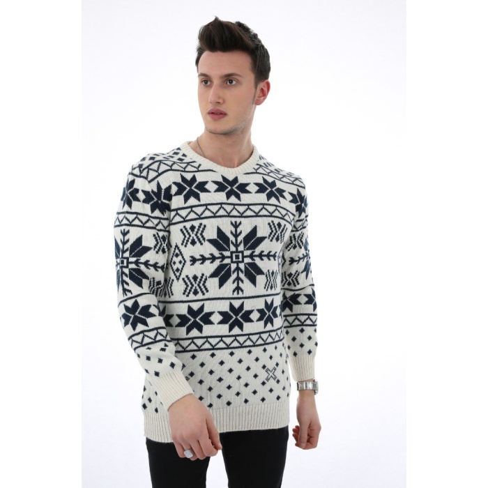 Erkek Noktalı Desenli Kahve Kalın Kışlık Günlük Triko Kazak