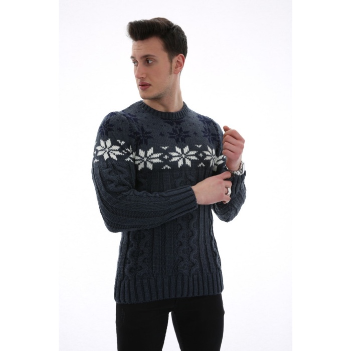 Erkek Kar Desenli Kapartma Baskılı Kışlık Kalın Günlük Triko Kazak