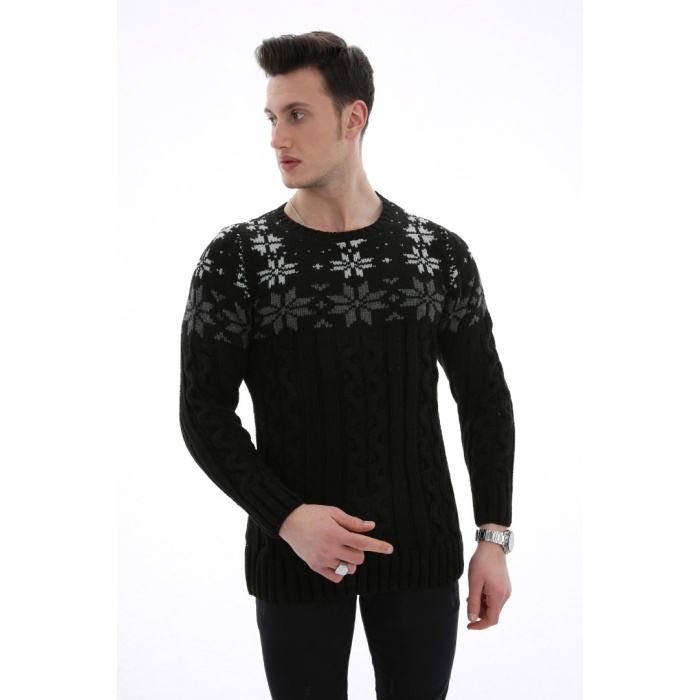 Erkek Kar Desenli Kapartma Baskılı Kışlık Kalın Günlük Triko Kazak