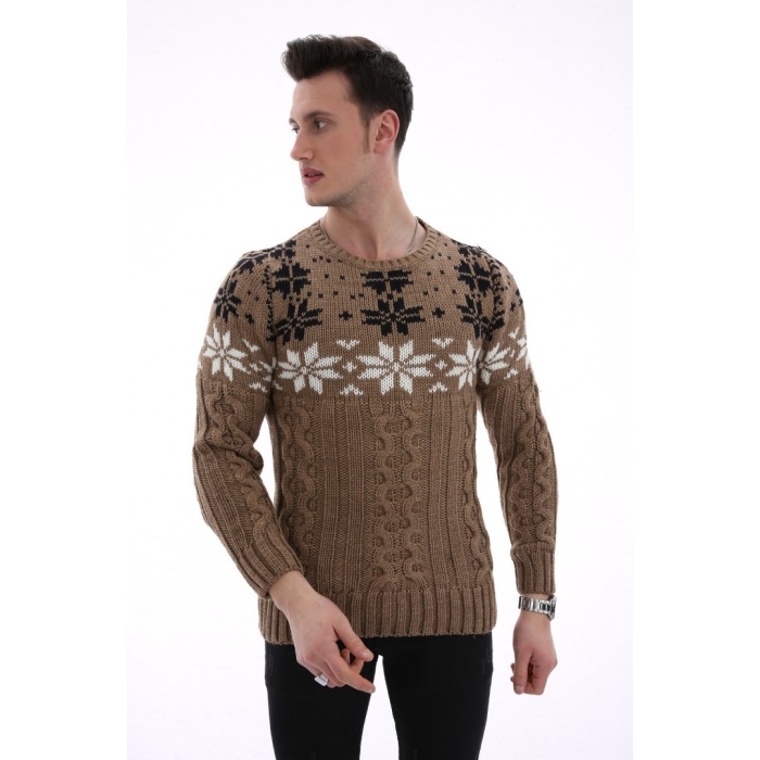 Erkek Kar Desenli Kapartma Baskılı Kışlık Kalın Günlük Triko Kazak