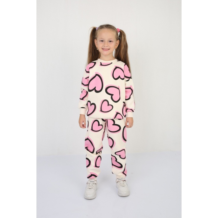Üç İplik Şardonlu Kalp Baskılı Kız Çocuk Günlük Takım