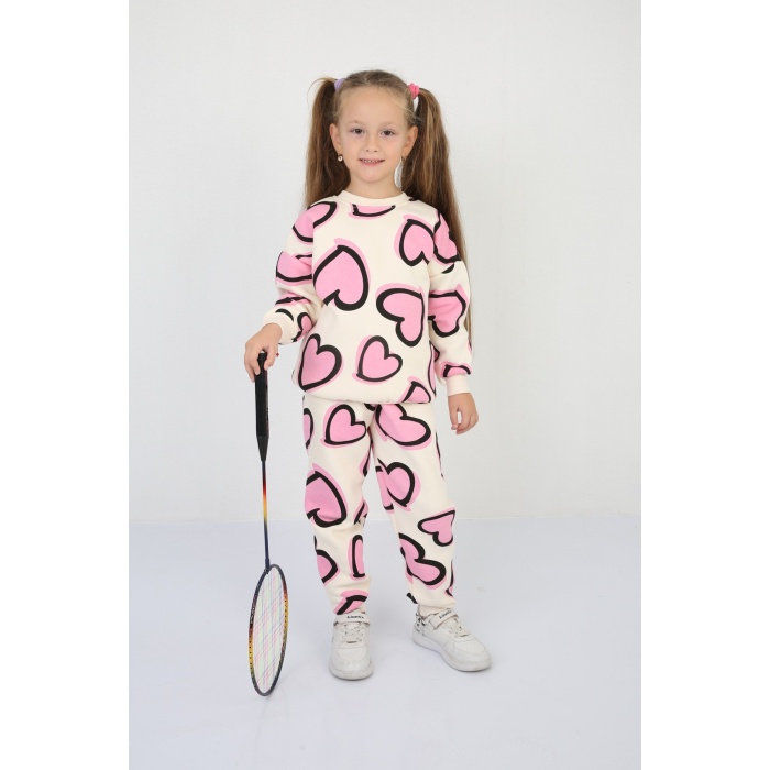 Üç İplik Şardonlu Kalp Baskılı Kız Çocuk Günlük Takım