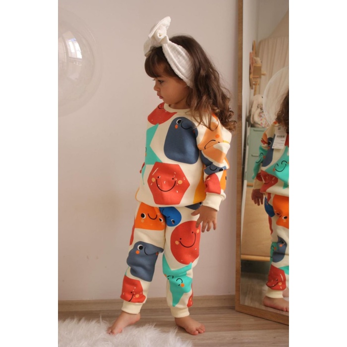 Üç İplik Şardonlu Yıldız Baskılı Kız Çocuk Günlük Takım