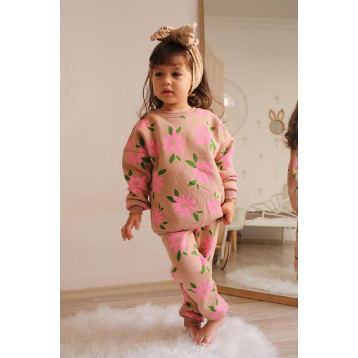 Üç İplik Şardonlu Çiçek Baskılı Kız Çocuk Günlük Takım
