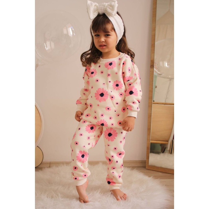 Üç İplik Şardonlu Çiçek Baskılı Kız Çocuk Günlük Takım