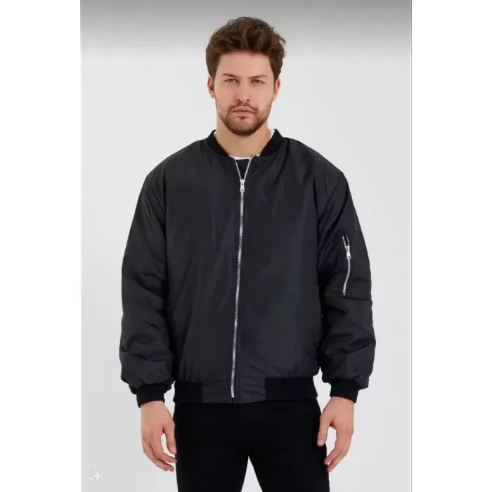 Erkek Düz Bomber Ceket - Siyah