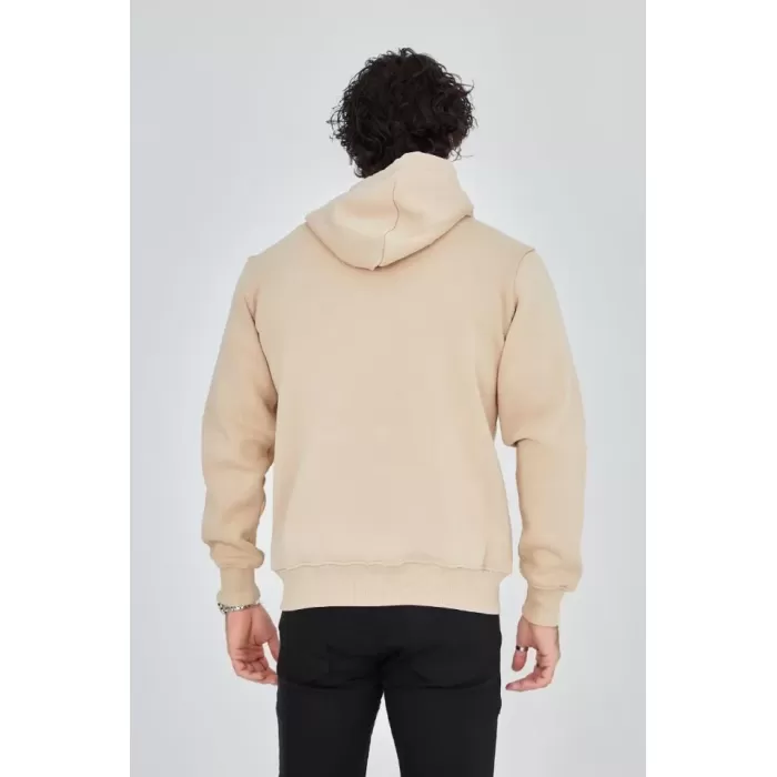 Erkek Kapüşonlu Baskılı Fermuarlı Hırka - Bej
