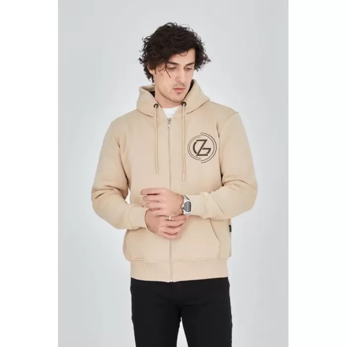 Erkek Kapüşonlu Baskılı Fermuarlı Hırka - Bej