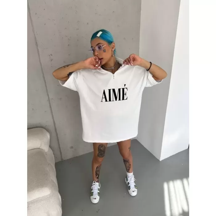 Unisex Yarım Fermuarlı Baskılı T-Shirt - Beyaz