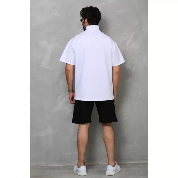 Unisex Yarım Fermuarlı Düz Oversize T-shirt - Beyaz