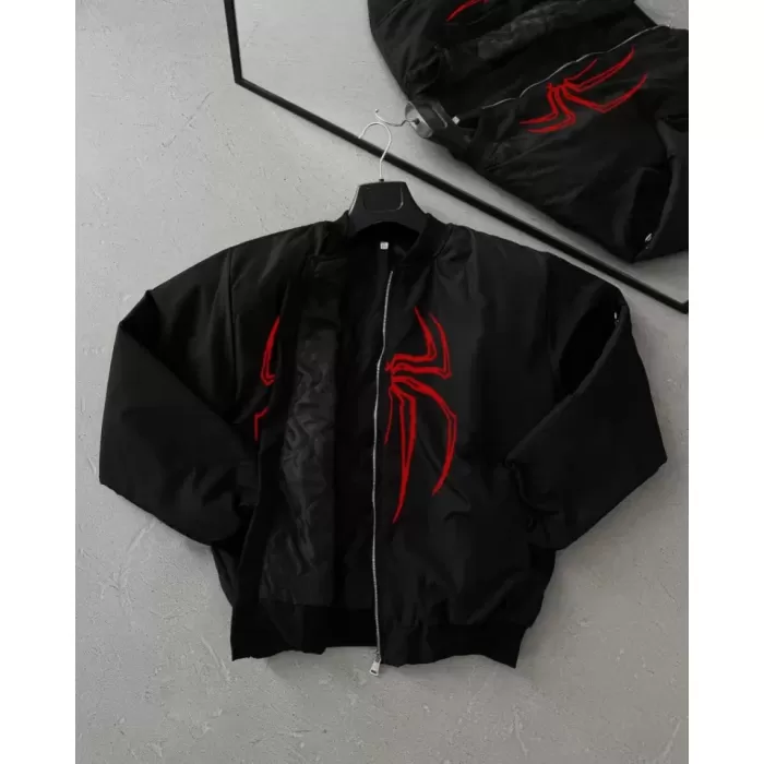 Unisex Uzun Kol Örümcek Baskılı Bomber Ceket - Siyah