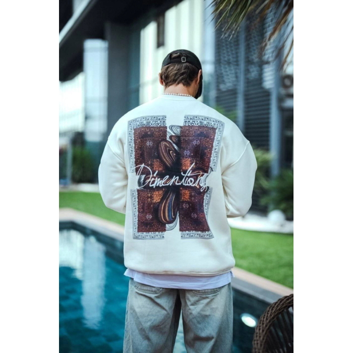 Uzun Kol Bisiklet Yaka Ön Ve Arka Baskılı SweatShirt - Beyaz