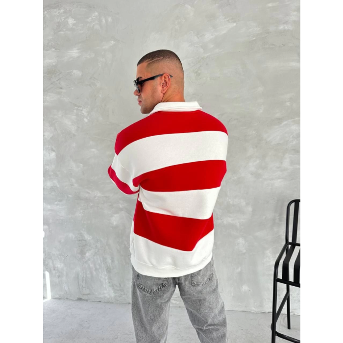 Unisex Üç İplik Parçalı Yakalı SweatShirt - Kırmızı