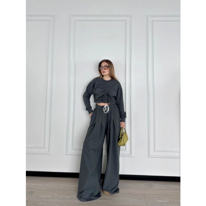 Uzun Kollu Önü İp Büzgülü Crop Ve Pantolon İkili Takım - Antrasit