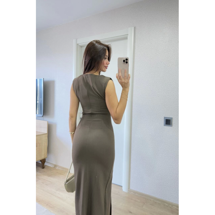 Yırtmaç Detaylı Kolsuz Elbise - Antrasit